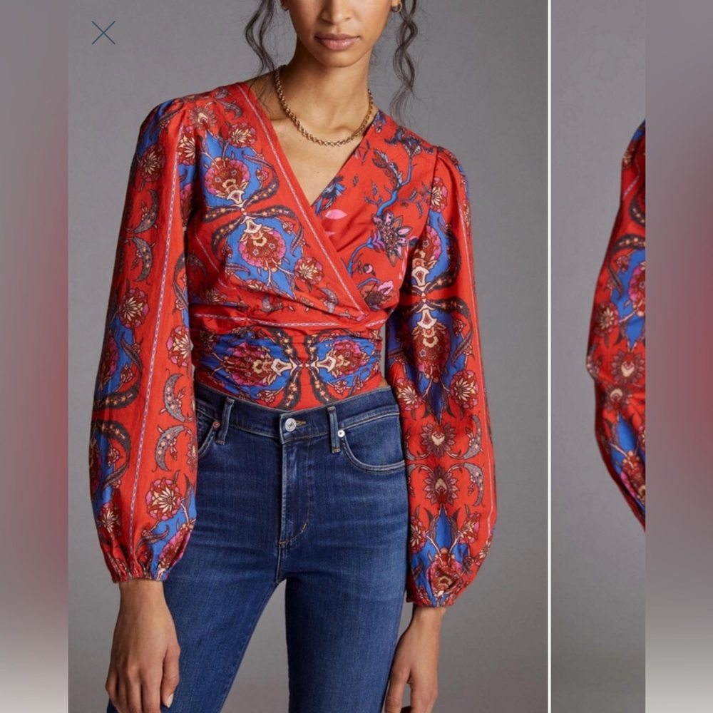 Anthropologie Red and Blue Floral Wrap Blouse